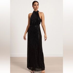 Vintage Cachet Black Sequin Mesh Cutout Waist Maxi NYE FormalEvening Dress 14
